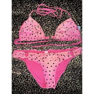 Victoria's Secret PINK Y2K Swimsuit Bikini Size Large Heart Polka Dot Ruffle Set